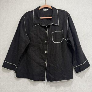 Caribe Woman Shirt Womens Large Black Linen Contrast Piping Button Front Top